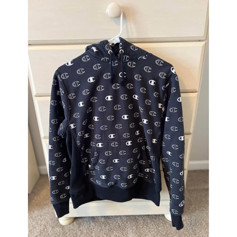 Super Cool Champion Hoodie Boy's Medium All Over Print Pullover Black White